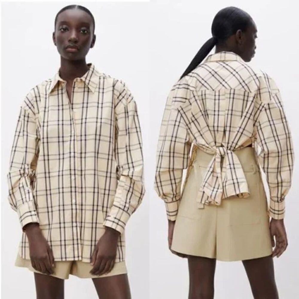 ZARA | Back Bow Button-down Check Tunic Shirt Size Small EUC Q523